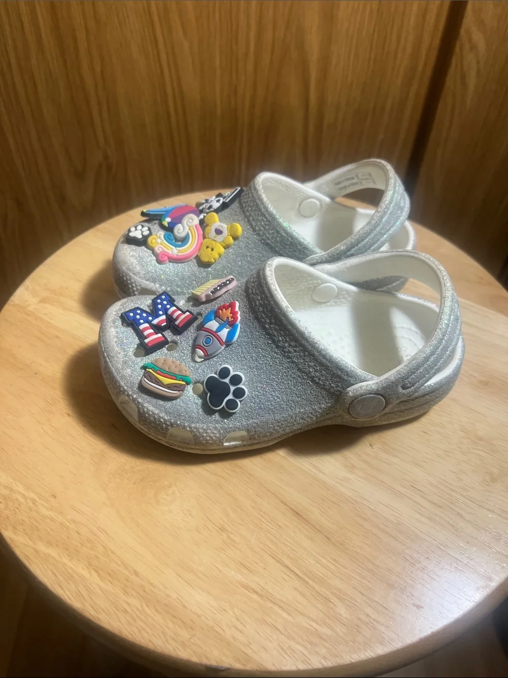 CROCS Kids Glittery Silver Clog Sandals with Colorful Jibbitz Charms